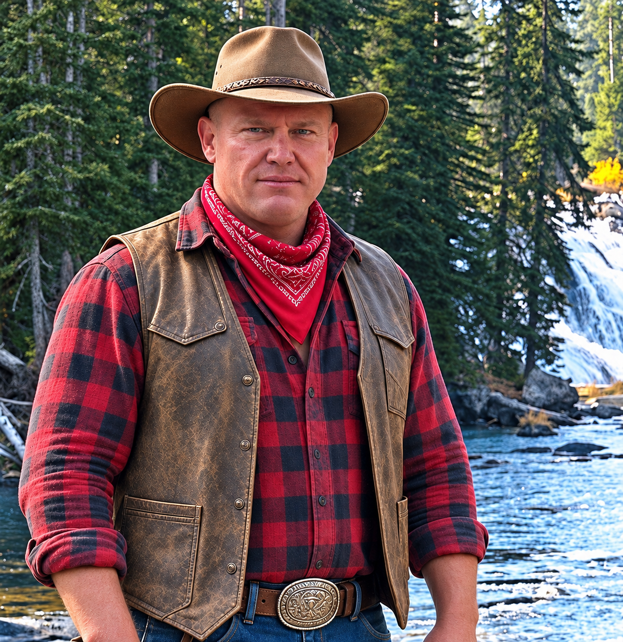 Rex Russell in a cowboy hat beside a forest waterfall.